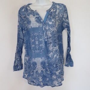 Grand & Greene Tunic Top Women S Blue Floral Sheer Long sleeve Henley Casual